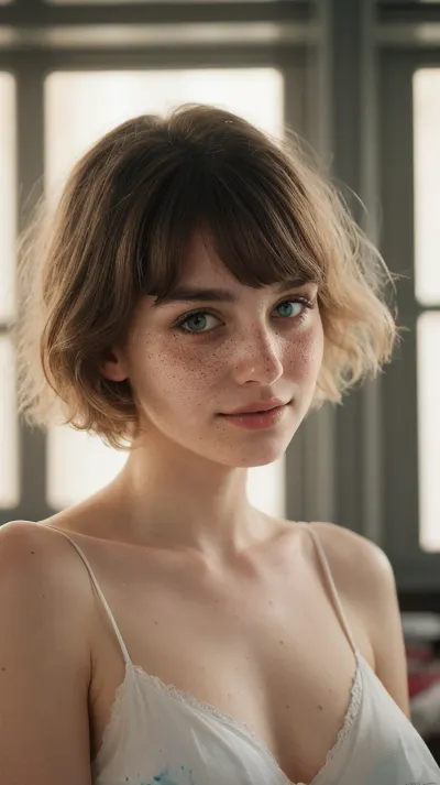 A college student in her mid-20s sits on a sun-kissed bed in a sunlit artist's loft with large, industrial windows. Her skin is a rich sun-kissed brown and her defined cheekbones glow with