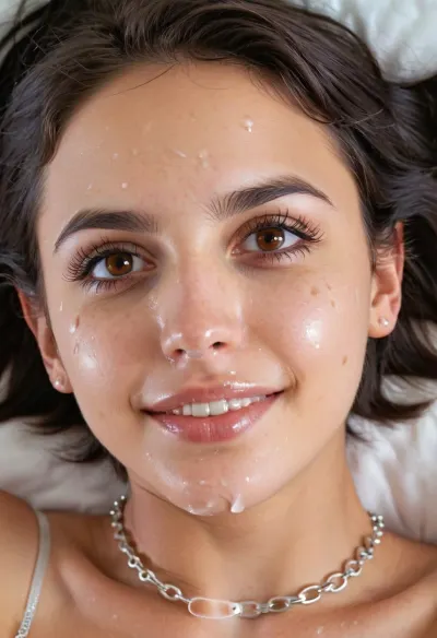 Das junge Mädchen mit tousled schwarzen Haar, pixie Haarschnitt und kurzes Kleid liegt auf ihrem Bett. Sie hat einen Orgasmus und ihr Gesicht wird mit Samen zerschlagen. Sie betrachtet die Kamera als einen Orgasmus