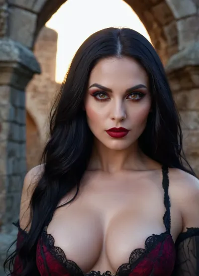 A vampire woman with long black hair, perfect creamy skin, and sharp eyes was standing in front of a castle ruin at night. Her photo was highly detailed with realistic skin tones and vivid colors that made it look like she could come to life at any