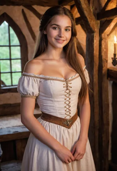 中世纪的木屋灯光暗淡,柔软的灯光在女孩脸上喷出温暖的光芒. 她有长长的直发 连着她的背部 脸红使她看起来更漂亮 她宽的微笑和窄的臀部