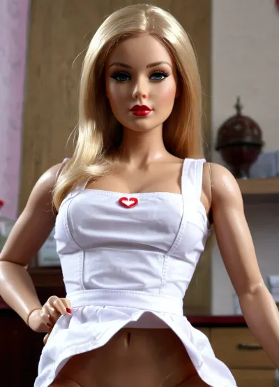 La muñeca de plástico era de tamaño de vida, muñeca barbie, con vista completa del cuerpo. Estaba hecha de porcelana y tenía una peluca rubia en la cabeza. Sus ojos estaban cerrados y ella tenía una sonrisa en su cara. Llevaba un rosa