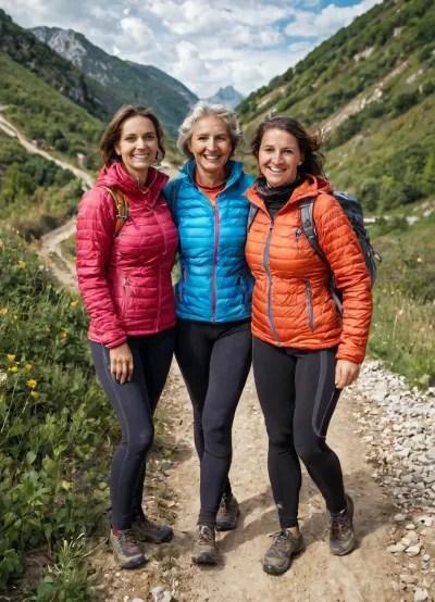 Une femme dans la trentaine aux cheveux bruns courts, portant des vêtements de randonnée et un sac à dos, se tient à côté de sa sœur qui a aussi 41 ans et a les mêmes caractéristiques que la femme sur la photo. La mère de la femme est également présente, mais