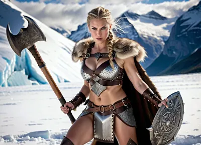 The Viking woman fought with all her might against the giant, wielding her two-handed axe with deadly precision