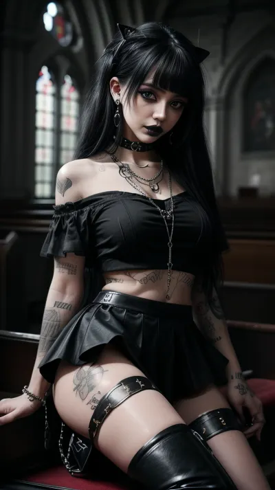A Gothic girl with ultra realistic 18 year old body and big breasts, wearing a sexy Gothic outfit with high boots and jewelry, was posing seductively in front of the church background. She had a beautiful face with long straight hair, big breasts,