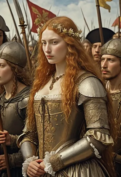 Die Maid von Orléans, ein zerbrechliches Mädchen mit zarten Features und eine weiße Flagge, die mit dem Bild der Lilien verkörpert wurde, führte ihre Soldaten in die Schlacht. Sie marschierten durch die Straßen von Paris, ihre Rüstung und ihre Schwerter