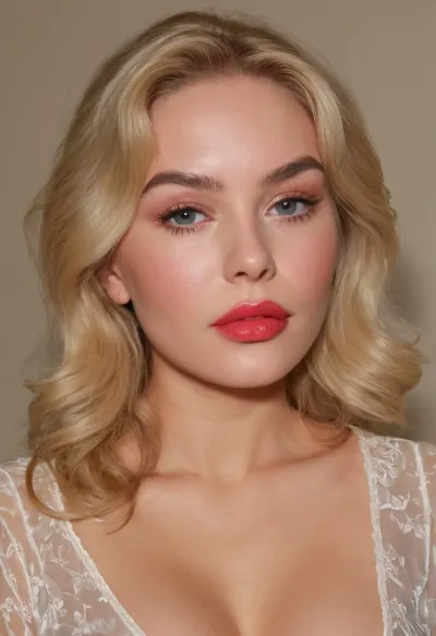 The AI generated a high-definition photo of a beautiful blonde woman wearing a blouse with nipslips and skin imperfections