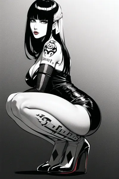 The AI generated picture of a hyperrealistic stunningly beautiful woman with a classic costume with elements of modern fetish, highlighting her grunge style, high contrast shading, two D-clips on each side of the game, lace fashion