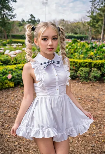 The blonde anime chan in white frilly ruffle minidress was walking through the attraction park, admiring the colorful and intricate displays. She stopped to take a picture with a group of children, who were delighted to have their photo taken