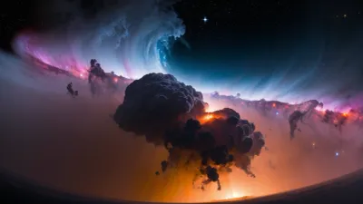 The perfect image composition for the AI generated picture is a high contrast shot of a nebulae with intricate detail. The busy background includes stellar gas clouds, busy coronal mass ejection, and a distant galaxy