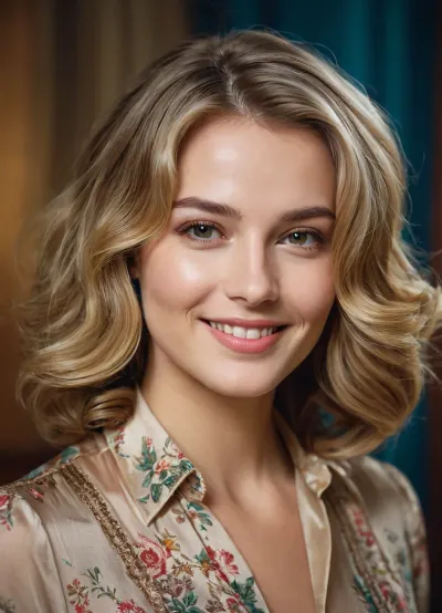 The young lady in the vintage-style blouse with side-parted soft-wavy shoulder-length hair is smiling brightly