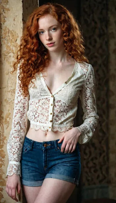 The young woman was a redhead with long curly hair, pale skin, and small breasts. She wore jeans and a blouse that showed off her natural breasts. Her jeans were skinny and she worked on an important project for work when suddenly the