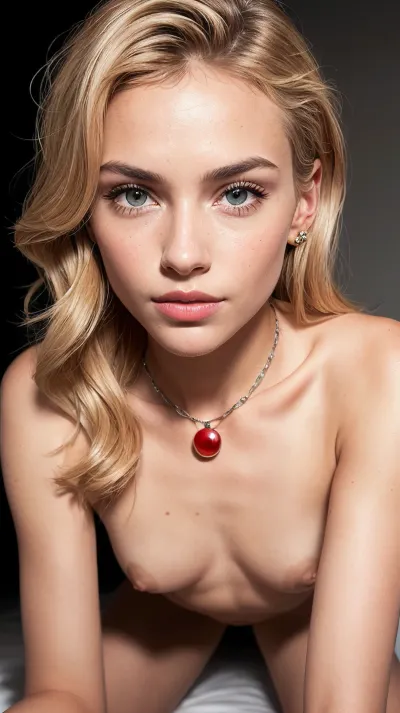 A stunning woman with perfect hips and a flat stomach stood on all fours, looking at the camera with lustful eyes. She had a bright, light brown skin tone and long blonde hair that cascaded down her back. Her lips were red and