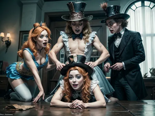 Alice Wonderland Waifu was a simple fat woman in a dress, with her breasts being the only thing that stood out. She was fucked by a mad hatter, who had multiple boys behind him. The picture was highly detailed and showcased