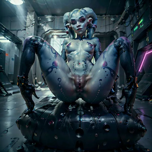 AI-generated porn のストーリーでは、明るい青のメイクと、8k のイメージの正面に大きな笑顔が現れます。 髪の毛は黒色で、目は明るい青です。 彼女は中世の母乳を持っている, 裸, そして、あります