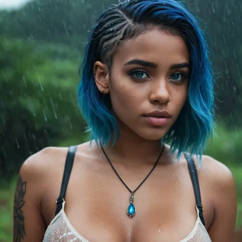 Una chica de ébano oscuro de 19 años estaba bajo la lluvia, su tatuaje brillando con una luz azul. Tenía piercings en sus oídos y nariz, y su cabello largo estaba empapado de la lluvia. Sus ojos luminosos estaban enfocados en