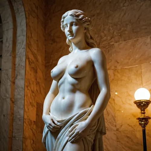 一个21岁的女子全身和大乳房被描绘在一个大理石雕像中