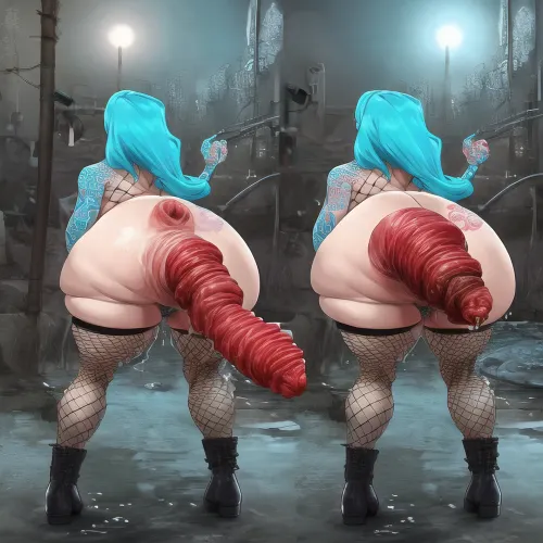 A 30-year-old bimbo with thick body and turquoise hair had very realistic anal beads, gape, and a wide prolapse. She wore a black boots with fishnets to complete the look
