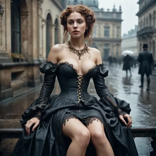 woman, Rococo somenaked dress, ((Dirty torn dress covered)), sultry aristocrat model, (naked perfect breast), sit with legs wide apart, full body! the! most! beautiful!, intricate dress, 18 century city street rain background, darkness atmosphere, victorianstyle, 1880s, gothic revival style, RAW photo, analogue style, vintage photography, depth of field, photography by Natalia Drepina, <lora:victoriansxl_v1:.6>