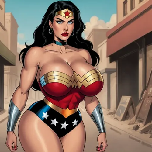 A voluptuous woman with a curvy figure, big breasts, and long black hair was seen in a picture wearing a Wonder Woman costume with her big boobs on display. She had massive breasts that were jiggling as she moved, and