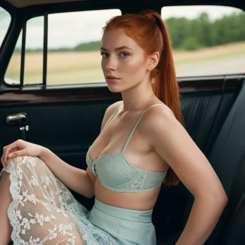 A bored redhead in a car with long wavy hair and lacey bra seductively waved at me