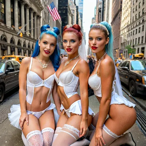 A stunning photo of a young girl in a white bridal dress and diamond jewelry, taken in New York WallStreet with high resolution 4K and 8K resolution