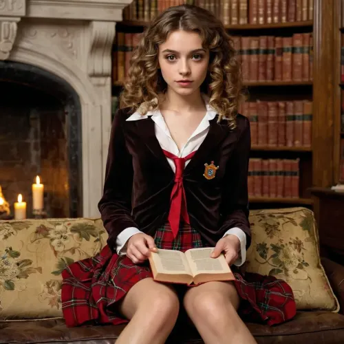Hermione Granger, eine atemberaubende Frau mit langen lockigen Haaren und großen braunen weit geöffneten Augen, trug ein Jahrgangsbuch in der Nähe. Sie hatte keine Höschen auf und ihre Mini sexy Lolita Bluse entblößte sie mittendrin
