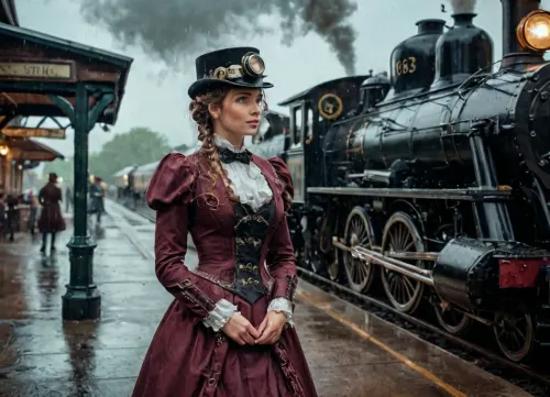 The girl in the Victorian-style dress stood around, waiting for the train to stop