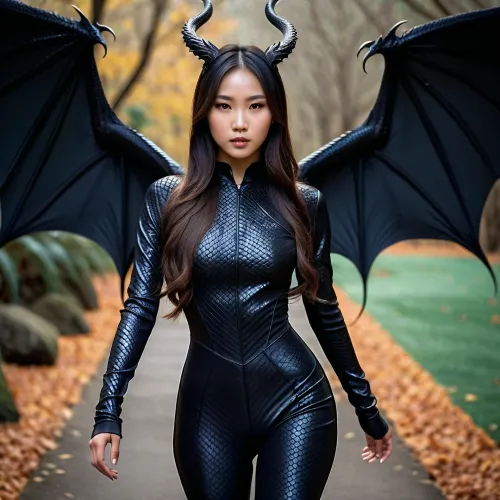 The young Asian woman stood before the mirror, admiring her perfect body. She wore a skintight bodysuit made of black scales that shimmered in the light, and her long sleeves were adorned with delicate black dragon wings that rippled