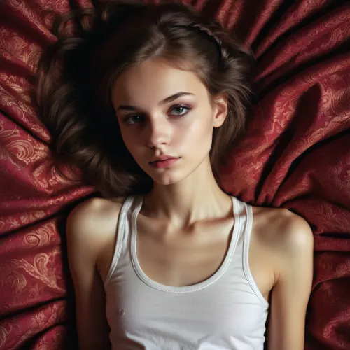 Das unschuldig aussehende russische Schulmädchen mit runden Brüsten und Make-up wurde in ein böses anorexisches Emo-Mädchen mit knöchernen Rippen durch die KI umgewandelt, das aus Seitenansicht Bild erzeugt