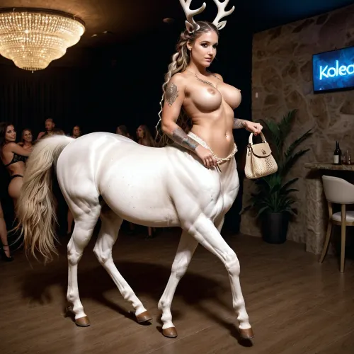 Una AI fotorealistica ha generato una donna centaur con grandi seni e pelliccia morbida, indossando un abito da sera lacy. Stava ballando in un nightclub di sola lesbica, portando una borsa e indossando la vista completa del corpo