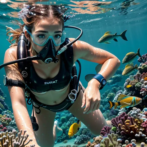 带着运动生姜头发和化妆的姑娘,正在向深海的鱼群游泳。 她哭是因为她把妆弄坏了 当她游近鱼时,她用智能手机拍下了他们的照片. 那个