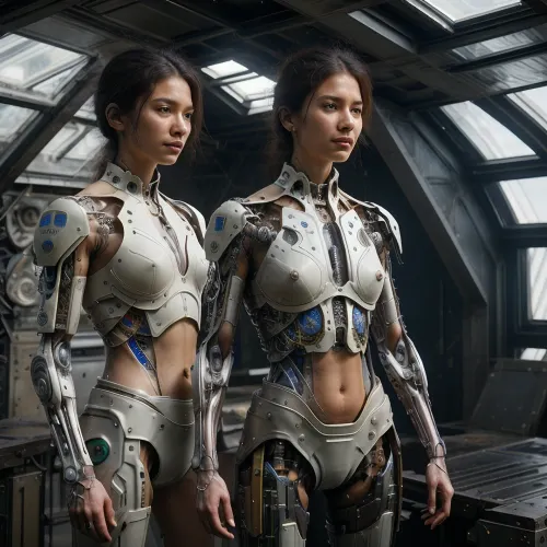 In a futuristic laboratory, a cyborg girl stands tall and proud, ready to take on any challenge that comes her way. Her skin is smooth and tanned, with curves in all the right places. She wears an exoskeleton that repairs