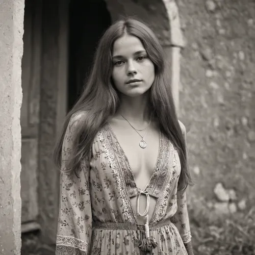 La mujer hippy de la década de 1970 era una imagen de cuerpo completo con pecho medio y foto monocromo. Tenía el pelo largo que se cortaba en la espalda, y su cara era linda con los ojos grandes y una amplia sonrisa