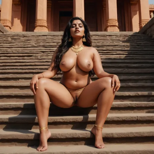 A sexy Indian woman was taking a break from her temple duties when she stumbled upon a group of young men playing with their erections. She couldn't help but get caught up in the excitement and started to stroke herself, imagining what it would be like