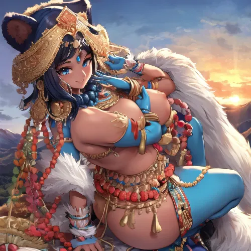 The blue skinned Indian goddess smiled as she posed at the top of a mountain, wearing a fur loincloth and large prayer beads covering her nipples. Her curvy body was on display for all to see, and her big butt