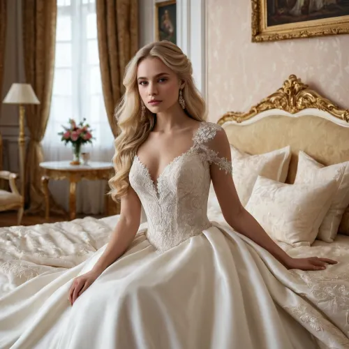 Create an artistic depiction of a young beautiful Russian woman with long blonde hair and a deep, expressive gaze. She is dressed in an elegant wedding dress that emphasises her beauty and grace. The scene is set in a cosy bedroom with a spread bed, where the model poses in elegant and aesthetically pleasing poses, conveying an atmosphere of romance and tenderness, with an emphasis on style and sophistication, without vulgarity.