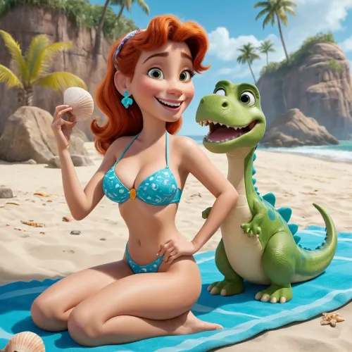 ((Pixar animation Style)), Wilma Flintstone, the iconic red-haired beauty from the prehistoric era, lounging comfortably on a vibrant beach towel that matches her signature dress. Her pet Dino, the lovable dinosaur, is frolicking in the shallow waters of the beach, his playful splashes creating a delightful spray of water that glitters in the sun. The sand is a warm, inviting shade of gold, and the water is a serene blue that stretches to the horizon. Wilma's sunglasses rest on her nose as she smiles contentedly, her arms supporting her head. Dino's smile is equally as wide, revealing his pearly white teeth, as he waves a seaweed-covered stick in the air, inviting Wilma to join him. The sky above is a picture-perfect blend of blue and white clouds, and in the background, the familiar silhouettes of the Flintstones' neighborhood can be seen. Palm trees sway in the gentle breeze, adding to the tropical ambiance. The scene is filled with prehistoric charm, with seashells and fossilized rocks scattered along the shore. Despite the ancient setting, there's a timelessness to the moment, as if the carefree joy of a day at the beach transcends millennia.
