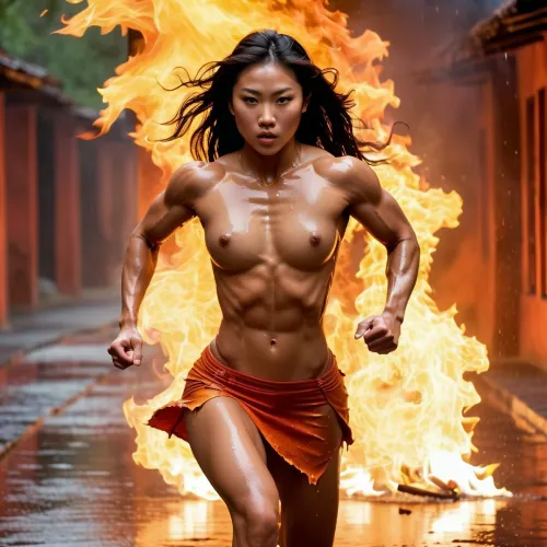 The young adult girl was running on the beach, her perfect body glistening in the sun. She had a fiery hell-like background behind her, and she was sweating profusely. Her long skirt was billowing in the wind,