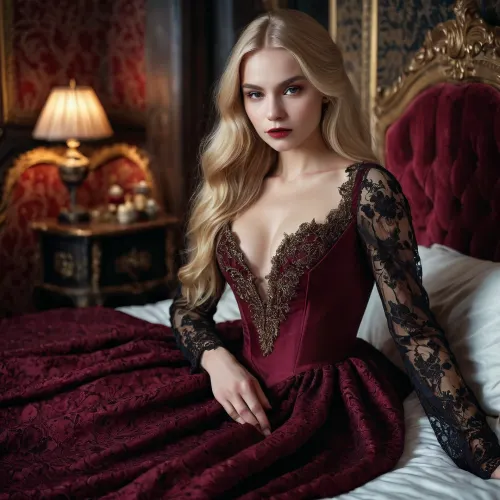 Create an artistic image of a young beautiful Russian woman with long blonde hair and a deep sad look. She is wearing a luxurious dress in the style of a female vampire, reminiscent of Count Dracula's wife, a dress with a deep neckline, long sleeves and exquisite lace details. The colour of the dress is a rich burgundy or black, with glittering accents. The scene is set in a cosy bedroom with a fold-out bed, where the model poses in spectacular, aesthetically beautiful and graceful poses, conveying an atmosphere of mystery and grace, with an emphasis on style and beauty, without vulgarity.
