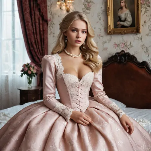 Create an artistic representation of a young beautiful Russian woman with long blonde hair and a deep sad look. She is dressed in an exquisite dress with a puffy skirt reminiscent of the 'Lady Lump' style, accented with lace details and soft fabrics. Complete the look with an elegant jacket and stylish accessories such as gloves and a pearl necklace. The scene is set in a cosy bedroom with a spread bed, where the model poses in spectacular, aesthetically beautiful and graceful poses, conveying an atmosphere of tenderness and grace, with an emphasis on style and beauty, without vulgarity.