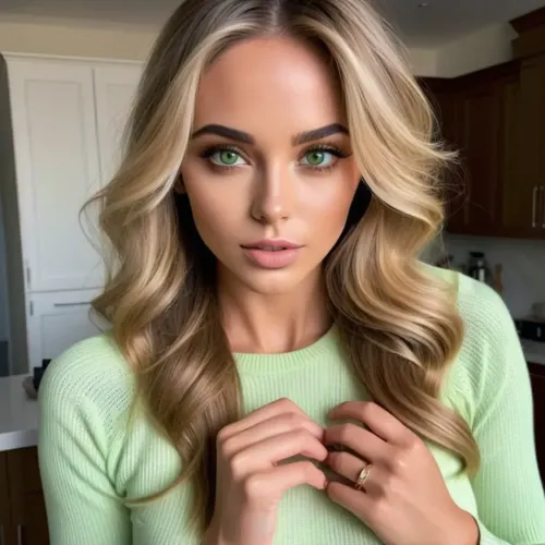 ((full-length photo)), 25-year-old girl, (totally attractive:1.6), (slim body:1.3), (athletic body:1.3), perfect body, perfect skin texture, perfect symmetrical face, seductive makeup, seductive look, (perfect shining eyes:1.5), black eyeliner, (perfect hair:1.3), (voluminous ruffled hair after sex), perfect breasts, (brown-green:1.2), eyes, (perfectly detailed anatomically correct eyes, symmetrical pupils:1.5), perfectly detailed anatomically correct hands, anatomically correct hands, anatomically correct fingers, highlighted blonde hair, preparing food in the kitchen, graceful pose