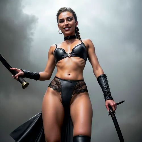 照片上的女人穿着黑色的皮衣,背上绑着卡塔娜的腰. 她有长长的黑色头发和强烈的眼睛,嘴唇完整,鼻子小. 她的皮肤光滑而完美,有高颊骨