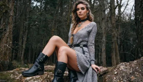 La femme sur la photo porte un style bohème de cheveux ensanglantés, avec de grosses bottes de neige et un portrait séduisant de pleine longueur accroché sous son ourlet de robe. Elle porte une brune asymétrique au vent