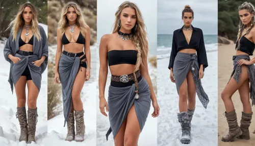 Une femme de 27 ans en forme avec un style bohème, un sarong blonde sales bohème avec une taille chunky et des cheveux tressés lâches. Elle est style rave, bohème blonde sale sarong ourlet avec bouton argent