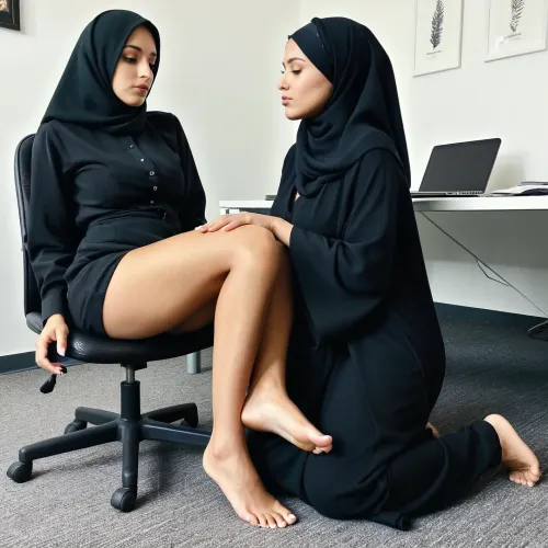 Two women in black hijabs and Abayas are pictured sucking each other's toes in a sexually charged scene
