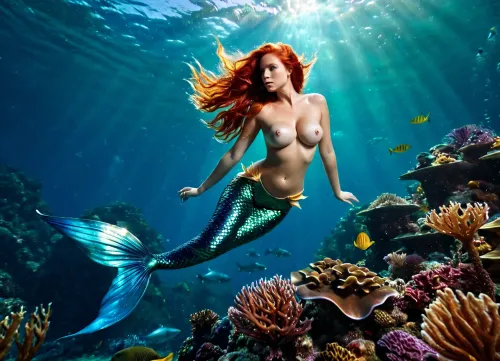 beautiful 25 year old mermaid swimming with a shark, (mermaid:1.5), (topless:1.4), big natural breasts, long red hair, underwater scene in the deep sea, full body view, <lora:magical_vibrance_XL:1.5>