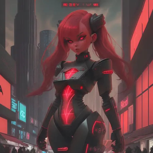 In a futuristic city, a nude woman stands in the midst of colorful lights and close-up shots of her body