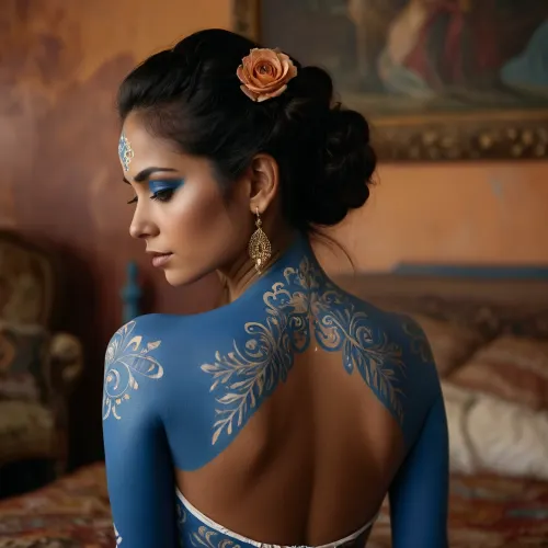 एक नीले शरीर के रंग के साथ एक सुंदर मैक्सिकन महिला कैमरे के सामने खड़ी थी, जो खुद की तस्वीर रखती थी। वह अपने चेहरे पर एक अभिव्यक्ति थी जिसने दिखाया कि वह पल का आनंद ले रही थी। तस्वीर को एक नीली पृष्ठभूमि के सामने लिया गया था, और