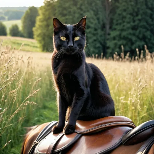 Le chat noir s'assit à l'arrière d'un cheval, s'alourdissant en regardant la vaste étendue de champs verts et de collines vallonnées