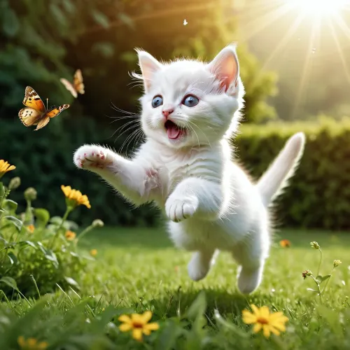 Le petit chaton blanc, avec ses pattes à fourrure et ses yeux curieux, saute et attrape un papillon sur la pelouse